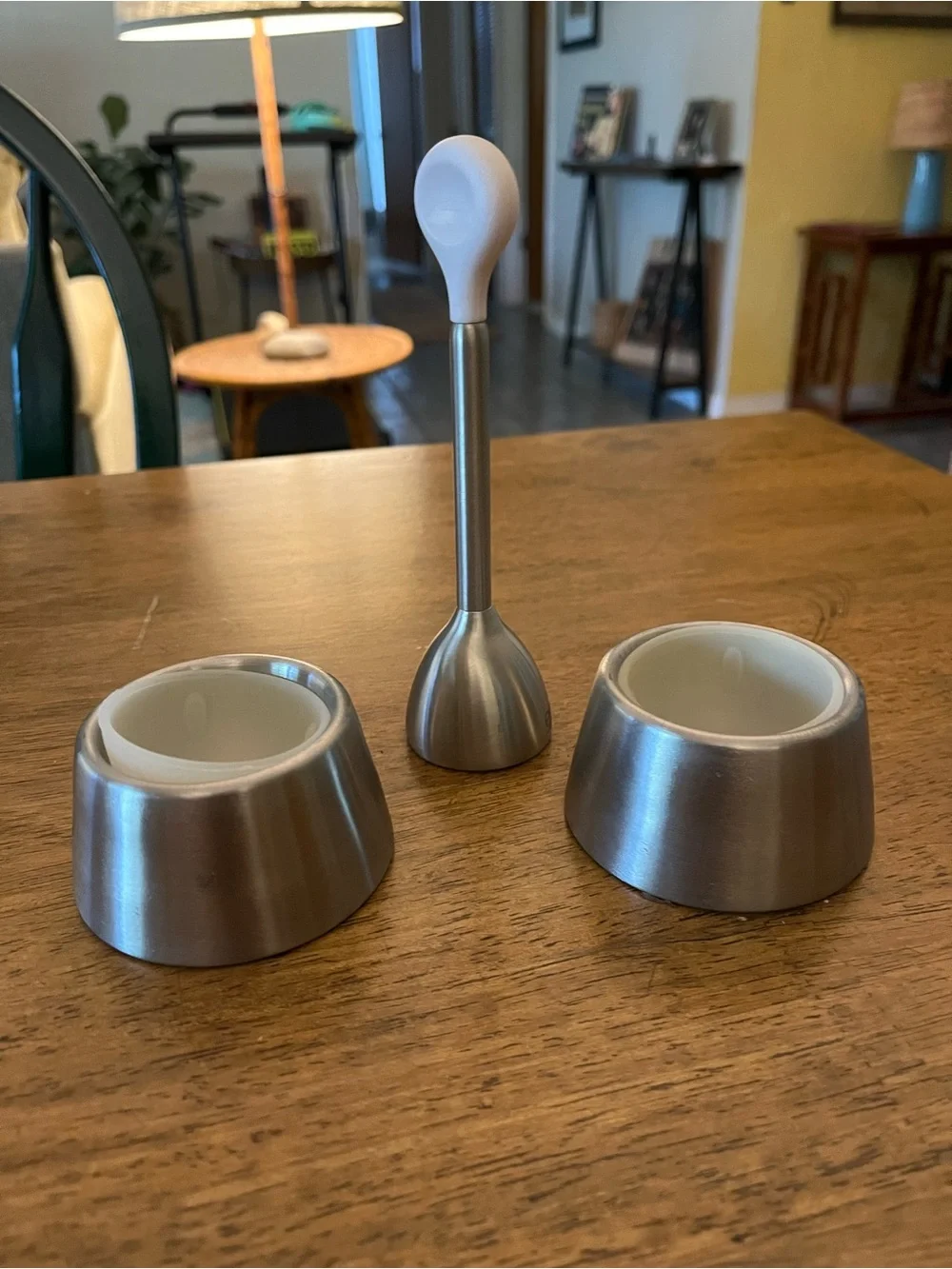 Stainless Steel Egg Cups with White Silicone Inserts and Egg Topper